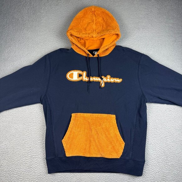 Champion Hoodie Men's Large Spell Out Corduroy Navy Blue Hood Sweatshirt Jumper - Picture 4 of 9